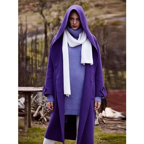 Classic return_ Double color alpaca wool double-sided cashmere coat womens lace up medium long hooded double-sided tweed 2021