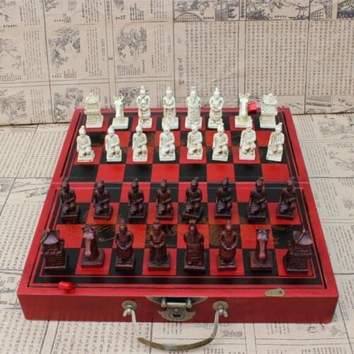 Antique Wooden Folding Chessboard New Antique Chess Board Set Medium Terracotta Chess Pieces Three-dimensional Character