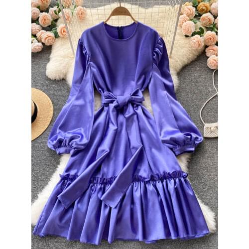 European American Fashion Vestidos Womens Autumn Clothing 2021 New Style Puff Sleeve Lace Slim Slim Midi Dress KK726