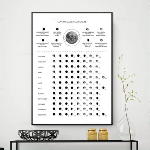 Moon Phases 2021 Calendar Canvas Poster Art Prints , Lunar Calendar 2021 Poster , Wicca Wall Art Picture Painting Home Decor