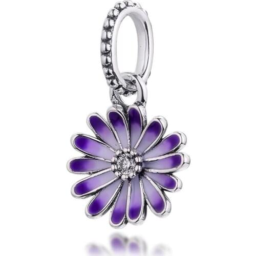 Purple Daisy Charm 2021 New Arrival Sterling Silver Jewelry Fits Original Snake Chain Bracelets Spring Collection Beads