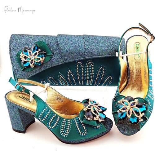 Italian Design Summer Nigerian Hot Selling Party Wedding Ladies Shoes and Bag Set Decorated With Rhinestone in Avocado Color