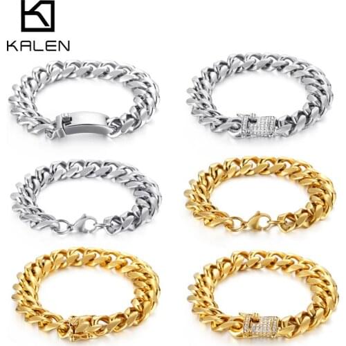 KALEN Dubai Gold Cuban Chain Bracelet Men 21cm 22cm Stainless Steel & Cubic Zircon Link Chain Armband Jewellry 2020