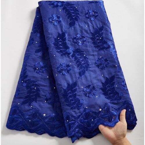 SJD LACE African Cotton Lace 2021 Royal Blue Swiss Cotton 100% Voile Fabric Embroidery Sweing Fabric For Women Dress Party A2497