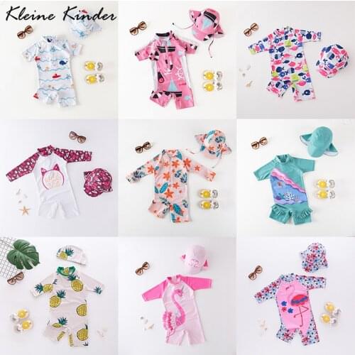 Swimsuit Girl One Piece with Hat UV 50 Protection Baby Swimwear Short Long Sleeves Printed Kids Bath Clothes Girls Swimming Suit