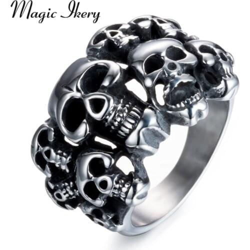 Magic Ikery Hot Fashion Mens Stainless Steel Skeleton Rings For Biker Punk Steel Color Skull Ring Personality Jewelry JMR212