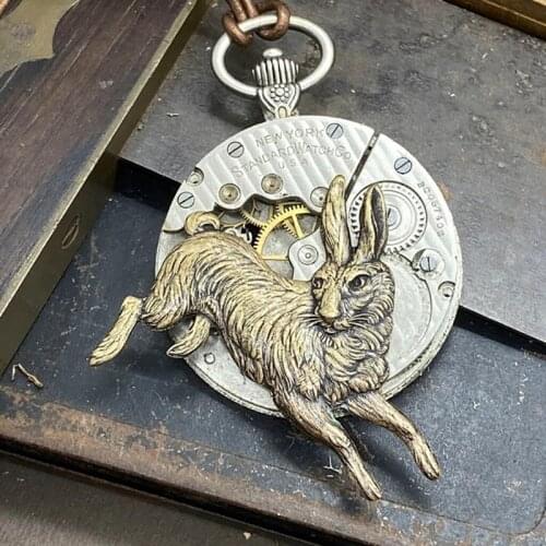 Punkboy Viking Mechanical Gear Watch Clock Round Wheel Rabit Animal Copper Long Chain Pendant Necklace for Mens Party Jewelry