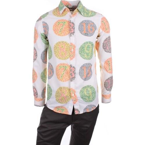 Gentilbay Mens Number Blindtest Pattern Digital Printed Orange Slimfit Long-Sleeve Sport Shirt DPD104