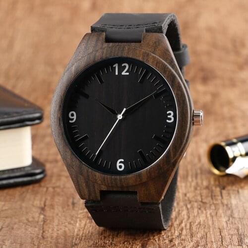 Men Watches Black Natural Wood Watches Male Analog Simple Clock Bamboo Wrist Watch With Genuine Leather Bracelet Gift Item