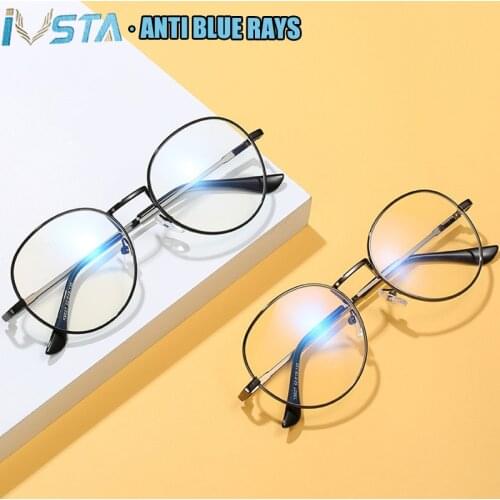 IVSTA Anti Blue Light Glasses Men Round Computer Glasses Myopia Women Gaming Round Metal Prescription Optical Spectacle Frame