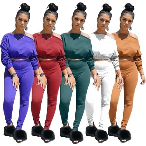 OMSJ 2019 Sporty Casual Two Piece Sets Long Sleeve Solid Slim Crop Top And Pants Women Matching Traksuits Autumn Workout Outfits