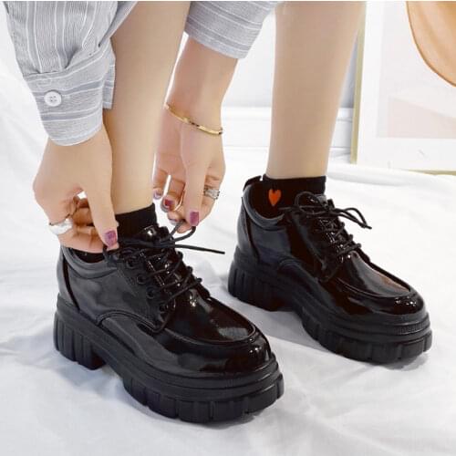 Rimocy Chunky Hidden Heels Patent Leather Shoes Women Casual Round Toe Platform Pumps Woman Waterproof Lace Up Mary Jane Shoes