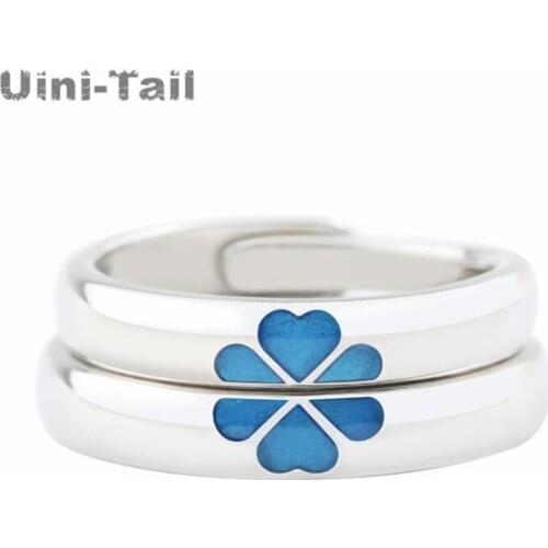 Uini-Tail Hot Sale New 925 Sterling Silver Original Blue Clover Couple Opening Ring Fashion Trend Sweet Romantic High Quality