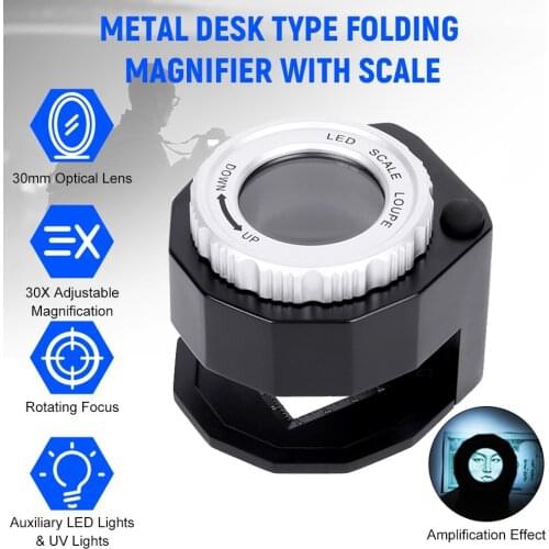 LED Scale Loupe 30X Adjustable Magnification Folding Magnifier Metal Table Mirror with Scale Small Reading Mirror Magnifier