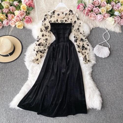 Vintage Lantern Sleeve Velvet Dress Elegant Pleated Print Mesh Dress Black High Waist vestido feminino women dresses Winter 2020
