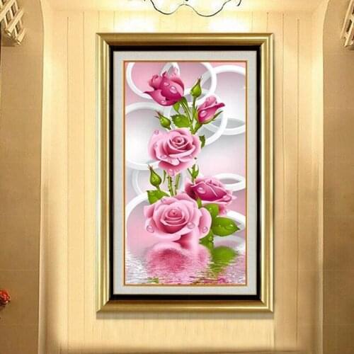 Needlework 5D Diy Diamond Painting Cross Stitch Pink Rose Diamond Embroidery Flower Vertical Print Rubiks Cube Drill Picture