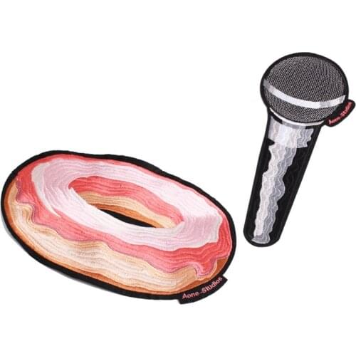 High Quality Embroidered Donuts Microphone Patch Iron On Cartoon Sweet Food Appliqued DIY Stickers Garment Sewing Accessories