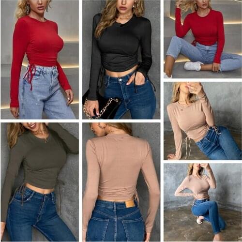 Women’s y2k Casual Long Sleeve T-shirt Fashion Solid Color Drawstring Lace-Up Exposed Navel Slim Fit harajuku Tops