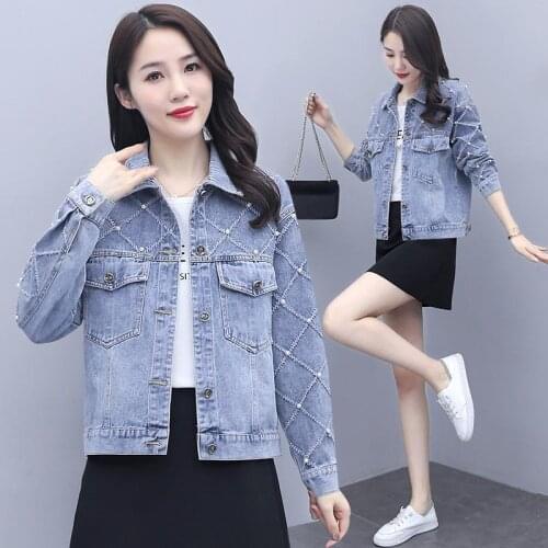 Women Cowboy Jacket 2021 Autumn Denim Coat Heavy Lndustry Beads Jeans Jackets Female Casual All-match Tops Womens Coats C918
