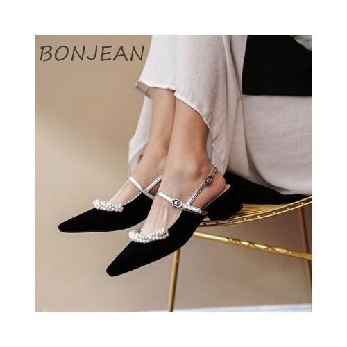 Pearl Velvet Cover Toe Sandals Summer Women Elegant Med High Heel Sandals Square Toe Silver Buckle Strap Lady Shoes Sandals