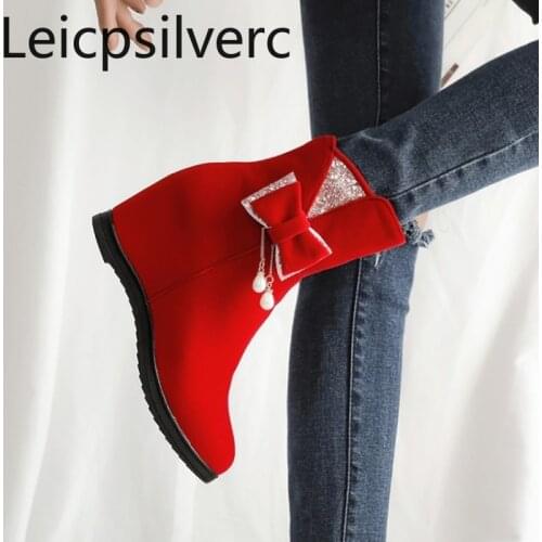 Womens Boots The New winter fashion zipper Internal increase mid heel Ankle boots Womens shoes plus size 33-44 Heel Height 6cm