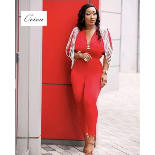 High Quality Bandage Jumpsuit Sleeveless V Neck Pearls Rayon Rompers Womens Jumpsuit