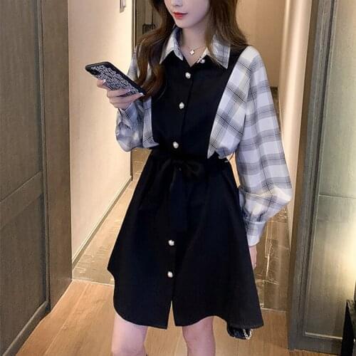 Plus Size Black Pearl Suspender Skirt + Polka Dot Chiffon Shirt Autumn New Two Piece Set Women