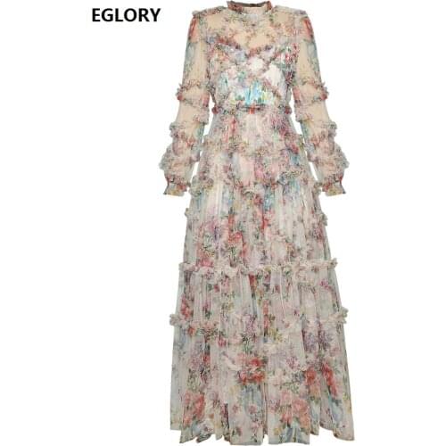 Long Dress 2021 Spring Summer Party Vestidos Special Occasion Women Sexy Tulle Mesh Print Ruffle Sexy Full Sleeve Dress Maxi