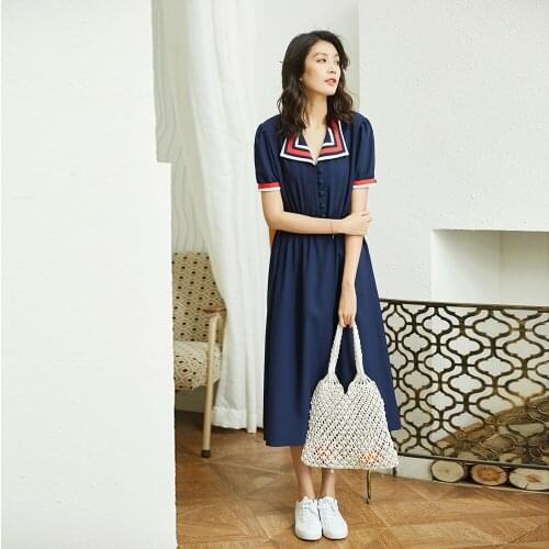 Spring Dress Vintage Clothes Women 2021 Lapel Chiffon Dress Ladies Long Anime High-waisted Skirt White Maxi Summer Sailor Suit