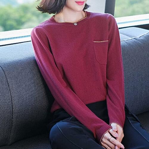 YISU Winter Women Sweater Solid color O-Neck pocket Female Jumper Casual 100% Wool Simplicit Knitted pullover Warm Winter tops