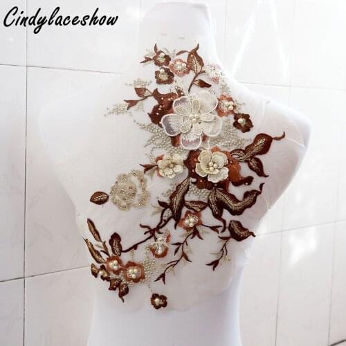 Gold Brown Heavy 3D Floral Beaded Lace Applique Rhinestones Lace Trim Bridal Lace Applique Motifs Costume Sewing Accessories DIY