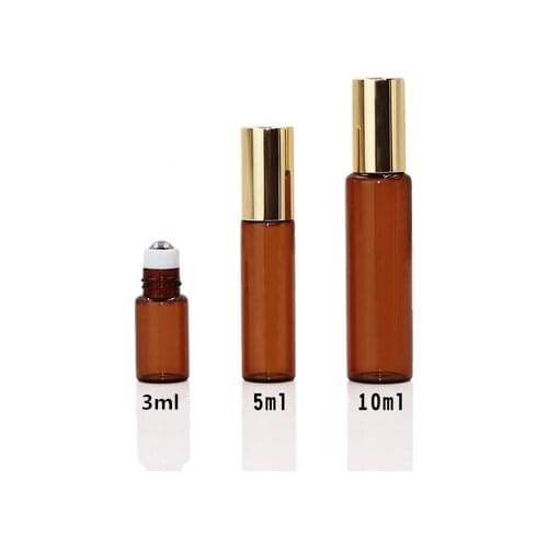 20pcs/lot 3ml 5ml 10ml amber roller bottles for essential oils roll-on refillable perfume bottle deodorant containers with gold