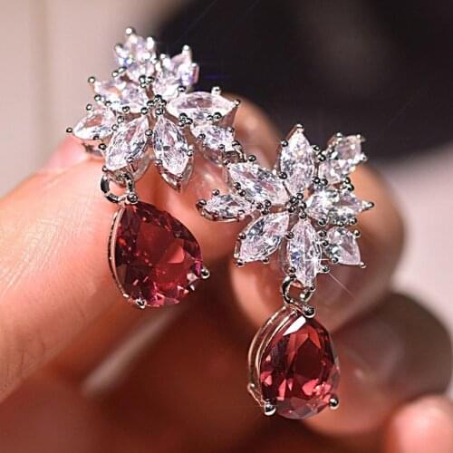 Huitan Gorgeous Women Wedding Dangle Earrings Red Water Drop Cubic Zirconia Noble Bridal Marriage Party Earring Trendy Jewelry