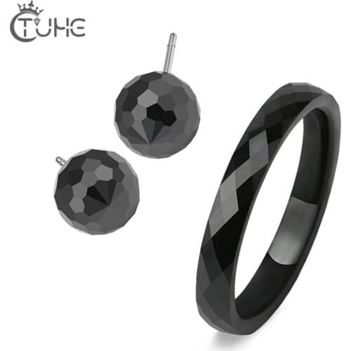Cut Surface Ceramic Jewelry Set 3mm Black White Ceramic Ring Ball Stud Earrings For Women Never Fade & Scratch Forever Love Gift