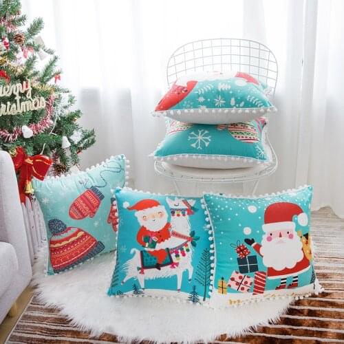 Soft Velvet Cushion Cover 45x45cm Christams Home Decorative Pompom Ball Pillow Cover Santa Alpaca for Home Sofa Bed Chair
