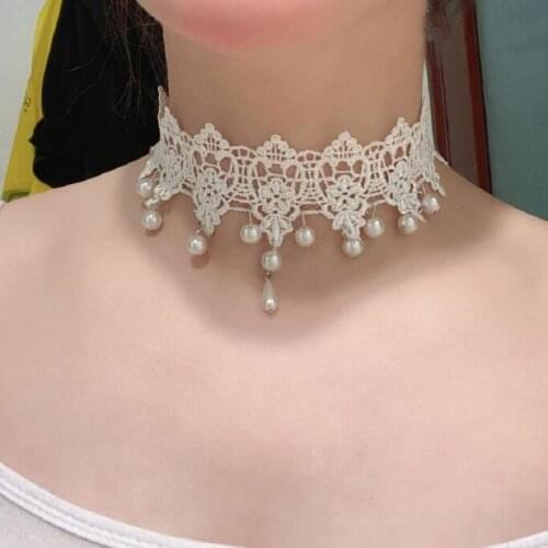 Retro punk super fairy white lace Pearl Pendant Necklace neckband Gothic sweet and tender short lace collar clavicle chain