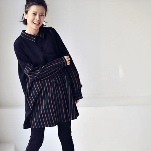 MICOCO C7902C Retro art and nostalgia stripe Mosaic Fake two piece Medium long sleeve shirt