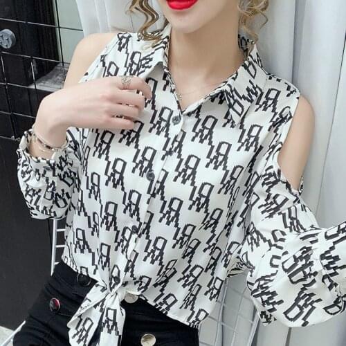 Letter Print Polo-Neck Women Blouses Spring Summer Long Sleeve Sun Protection Shirt Fashion Chiffon Tops Blusas MM0347