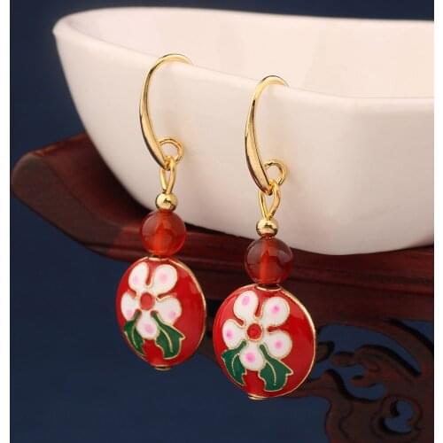 Ethnic red flower cloisonne earrings vintage Christmas drop earrings for women and girl jewelry серьги