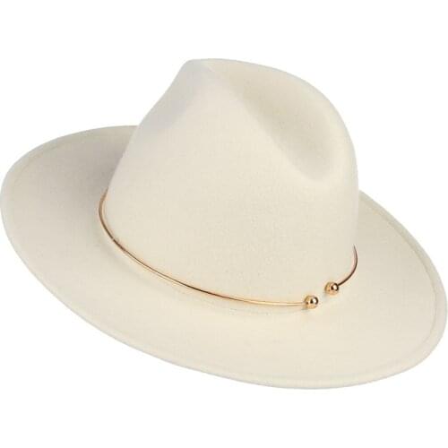 GEMVIE 100% Wool Hat White Felt Fedoras Hat For Women Metal Ring Lady Wide Brim Church Panama Solid Jazz Cap Dropshipping