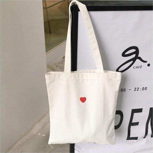 Womens Canvas Tote Bag Woman Eco Foldable Cloth Shopping Bag Lady Shopper Beach Travel Red Hearts White Cotton Shoulder Bags