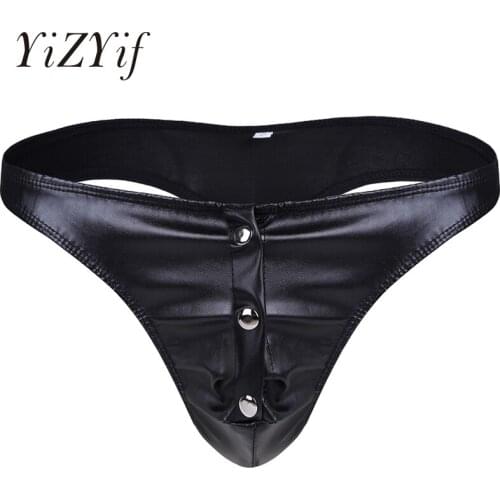 Men Bikini Underwear Sexy Lingerie Faux Leather Briefs Underpants Front Pouch with 3 Buttons Jockstraps Pouch Sexy Gay Panties