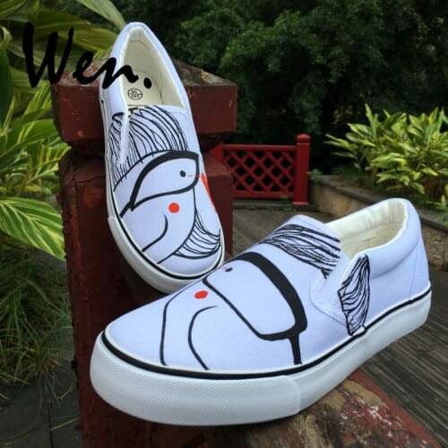Wen Design Boy Girl Heart-shaped Love Hand Painted Cartoon Shoes Slip On Unisex White Canvas Sneakers for Lover Couple Gifts
