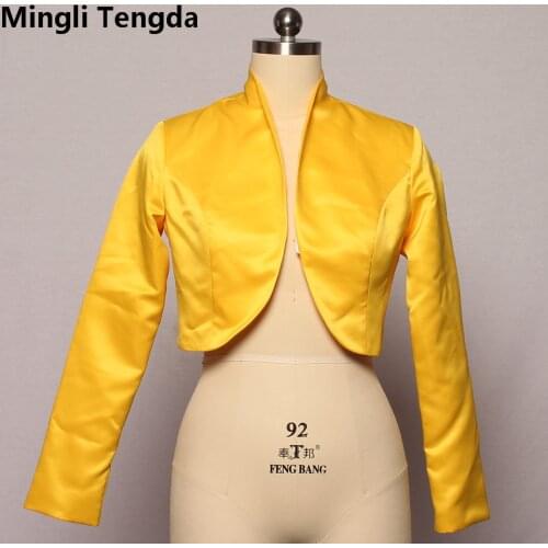 Yellow Satin Wedding Bolero Tippet Shrug Bridal Jacket Stole Wrap Long Sleeve Lined Custom Made Ivory Wedding Caps Mingli Tengda