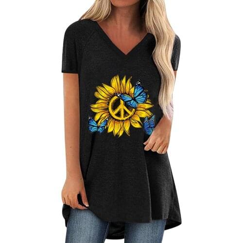 Sunflower Butterfly Printed Tshirt Women 2021 Casual Ruffles Graphic T-Shirt V-Neck T-Shirt Female Summer Tops Tee Streetwear