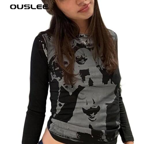 OUSLEE Women Print Crop Tops Grunge Fairy Y2K Aesthetic Long Sleeve T Shirt O-Neck Retro Cute T-shirt Summer Autumn Harajuku Top