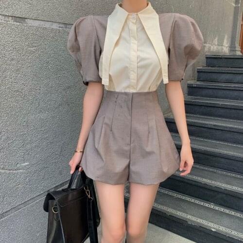 Two Piece Set Office OL Shorts Suits New Women Summer Puff Sleeve Single Breasted Shirt Blouse + High Waist Wide Leg Shorts Set