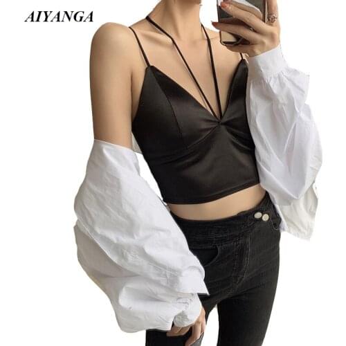 Sexy Vest Women 2019 Summer Womens clothing Spaghetti Strap T-Shirts Sleeveless V Neck Vest Crop Tops high Waist Black White