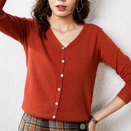 Autumn 2021 Knitted Cropped Cardigan Women Korean V Neck Long Sleeve Button Up Sweater Woman Soft Single Breasted Tops Mujer