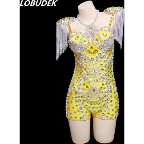 Female Luxury Stage Wear Sparkly Rhinestones Epaulet Tassels Yellow Bodysuit Nightclub Women Costume Jazz Dance Performance Wear